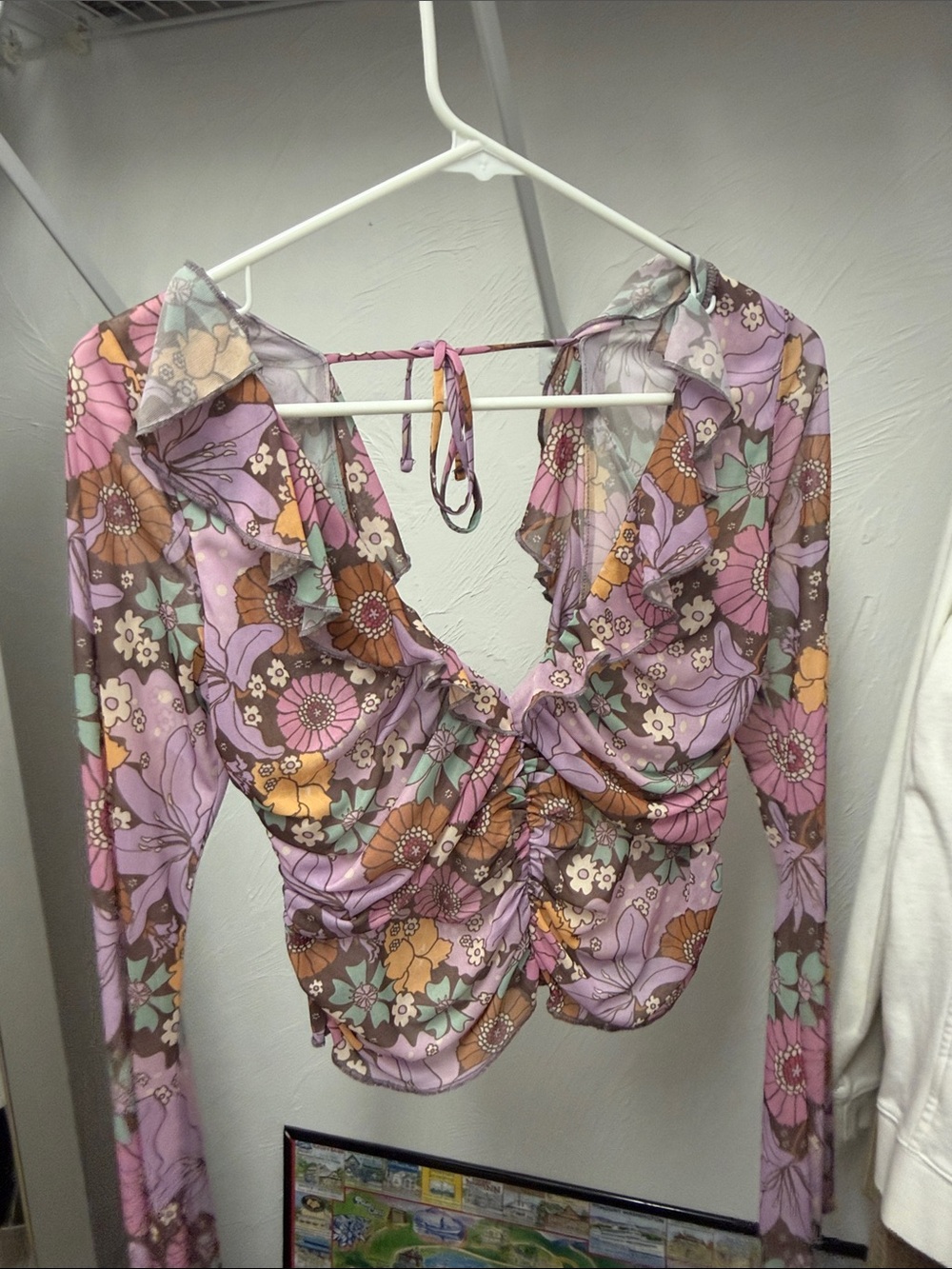Urban Outfitters Lavender Floral Ruched Long-Sleeve Top
